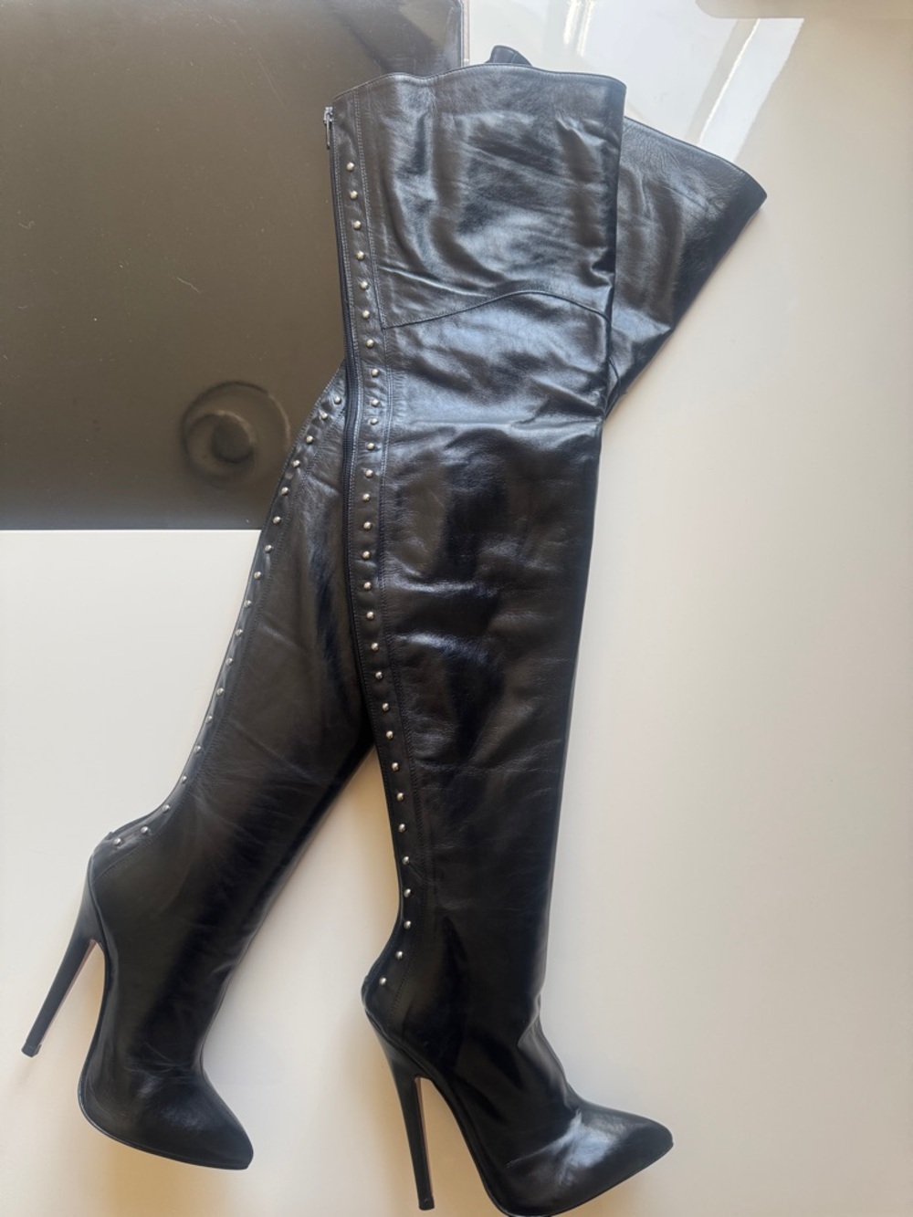Gianrico Mori thigh high Stiletto leather Boots with Stud Detail. Real leather.